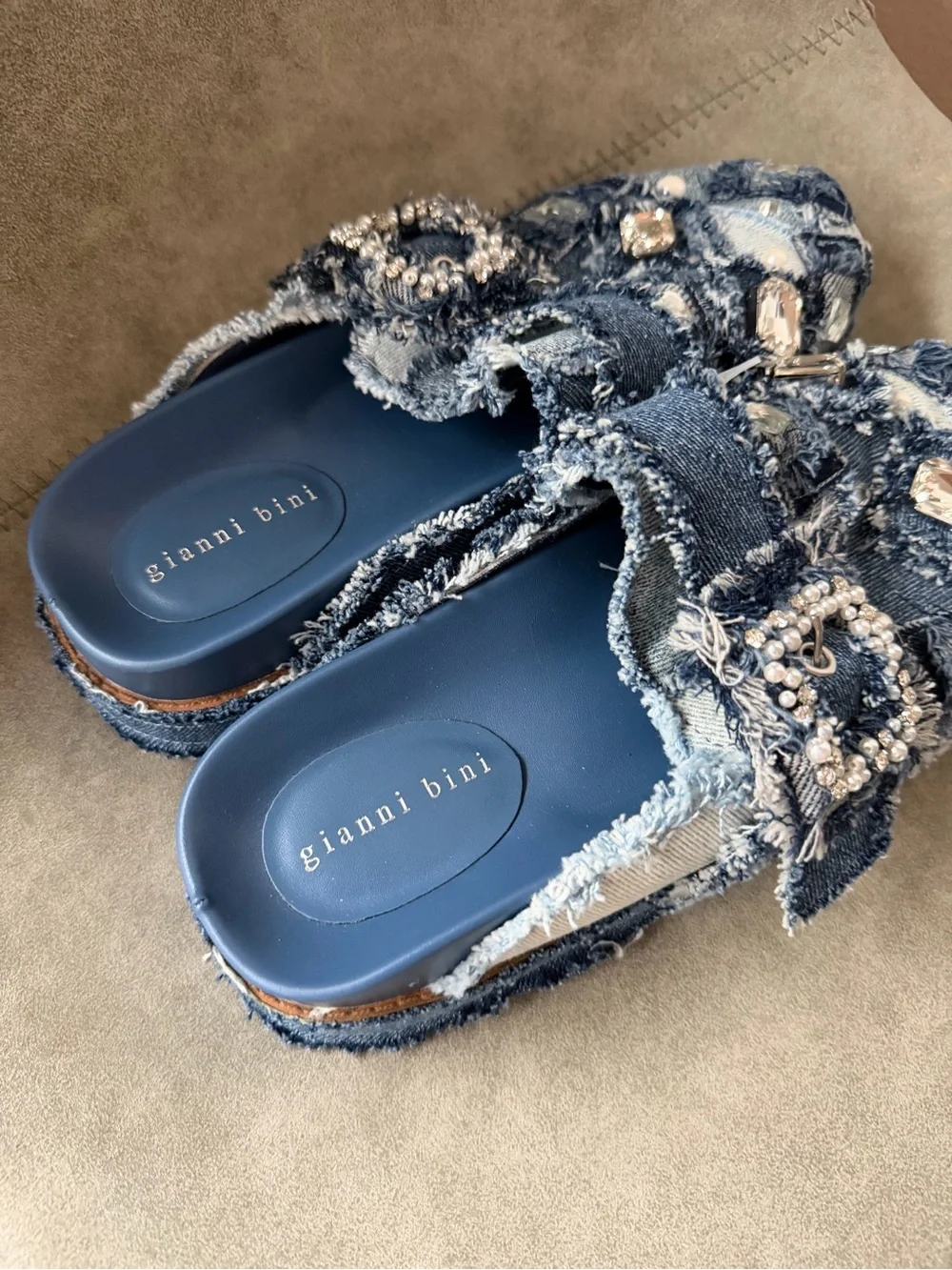 NWT Gianni Bini Omari Denim Patchwork Jewel and Pearl Embellished Platform Clogs